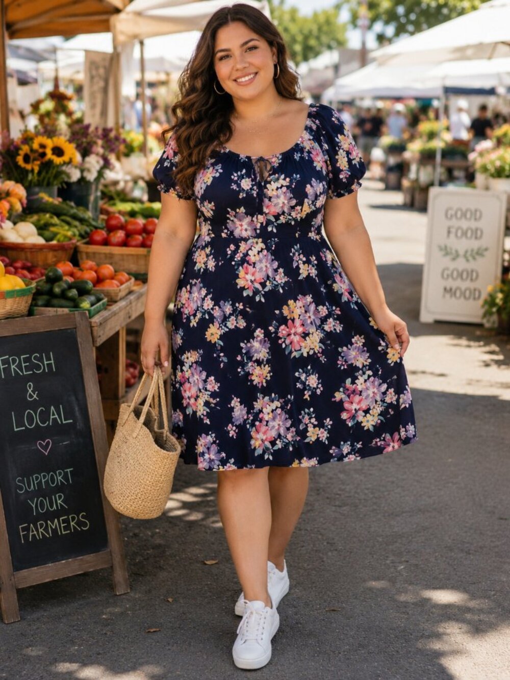 Bobeau 2X Navy Floral Dress Puff Sleeve Plus Size